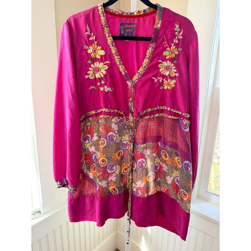 Johnny Was Embroidered Patchwork Floral Tunic Top Magenta Pink XL